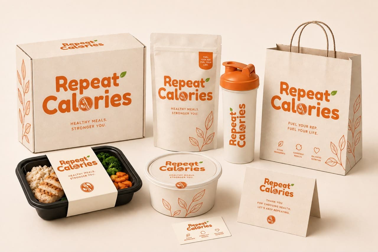 Repeat Calories packaging β meal trays, pouches and bag